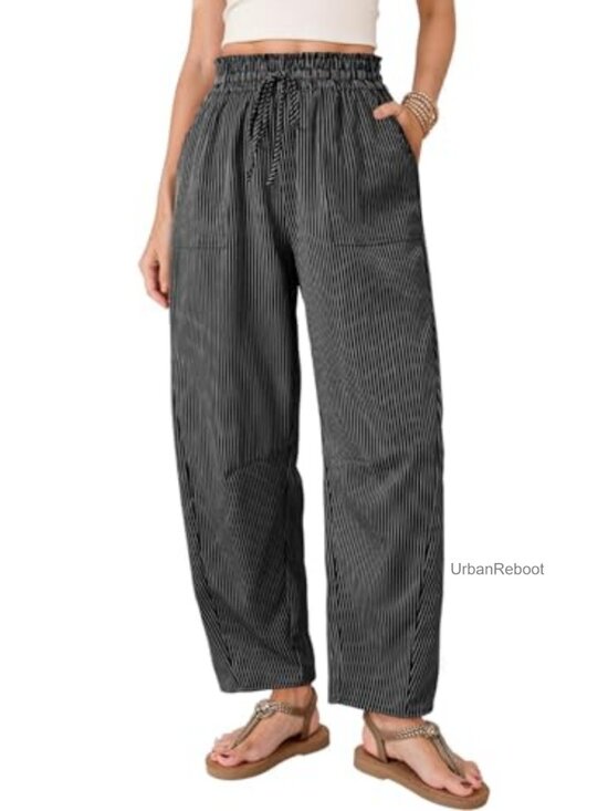 Pants - Women's Barrel Wide Leg Pants High Waisted Drawstring Trousers with Pockets